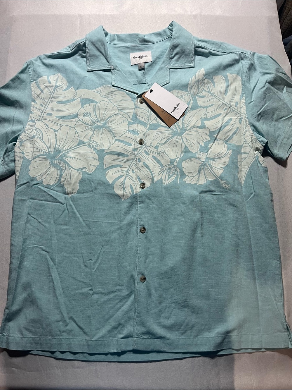 Goodfellow & Co Men’s Large Aqua Blue Tropical Button-Down Short Sleeve Shirt - Picture 2 of 7